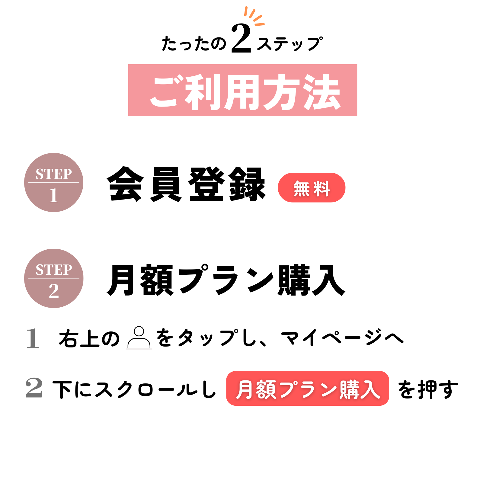 Leotalは会員登録、月額プラン購入の2ステップで簡単に利用開始できます